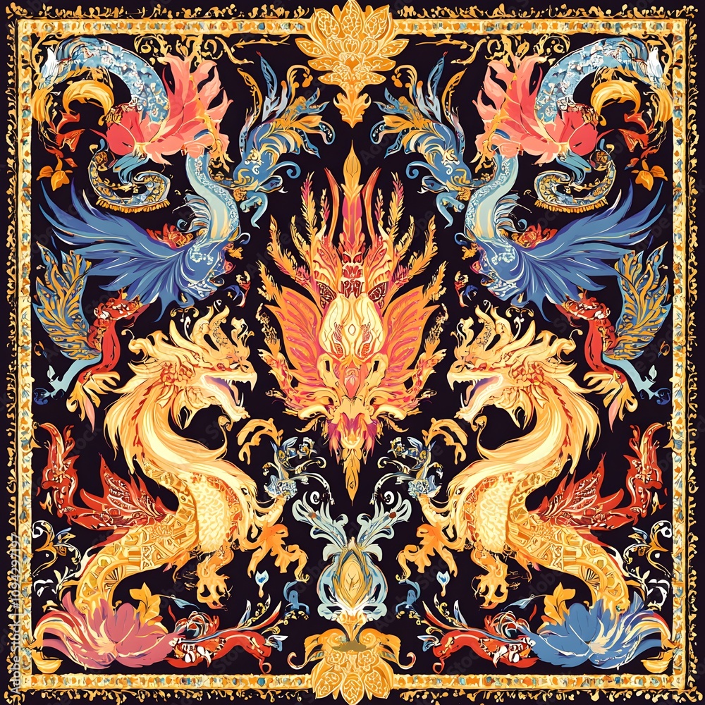 Fototapeta premium Mythical Thai Animals in Colorful Traditional Style with Swirling Details and Rich Hues, Repeating Pattern