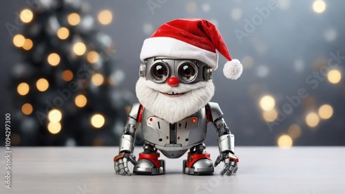 A cute little Santa robot that smiles against the background of the side. The concept of New Year and Christmas
