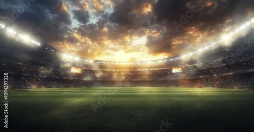 Illuminated Soccer Stadium at Dusk with Crowd and Dramatic Clouds