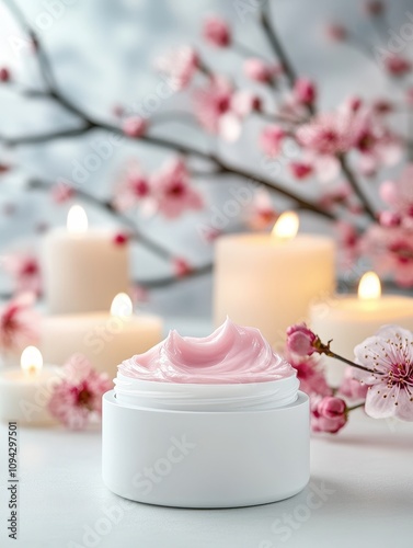 A Close-Up View of Luxurious Moisturizing Night Cream Surrounded by Delicate Cherry Blossoms and Soft Candlelight for a Glamorous Skincare Experience