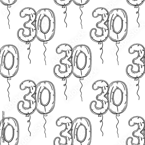 Seamless pattern of balloon in shape of number thirty  in outline style