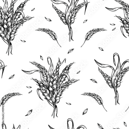Bunch of wheat ear with dry herb and grains black white graphic vector seamless pattern isolated. Spikelet rye, barley stalks monochrome hand drawn botanical background for design product, bakery.