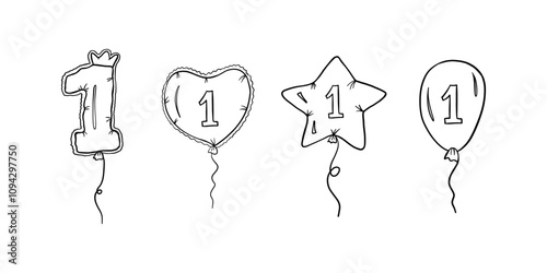 Balloons with number 1 in different shapes in outline style