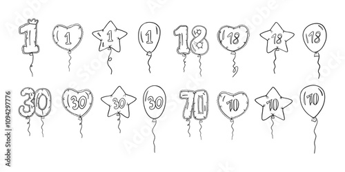 Balloons with numbers 1, 18, 30, 70  in different shapes  in outline style