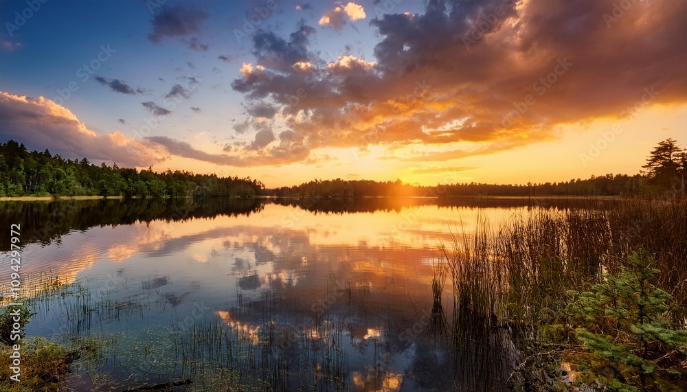 Serene Lake at Sunset with Dramatic Sky and Vibrant Golden Reflections Serene Lake at Sunset with Dramatic Sky and Vibrant Golden Reflections