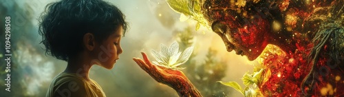 A child interacts with a mystical figure representing nature, showcasing a magical connection between humanity and the environment.