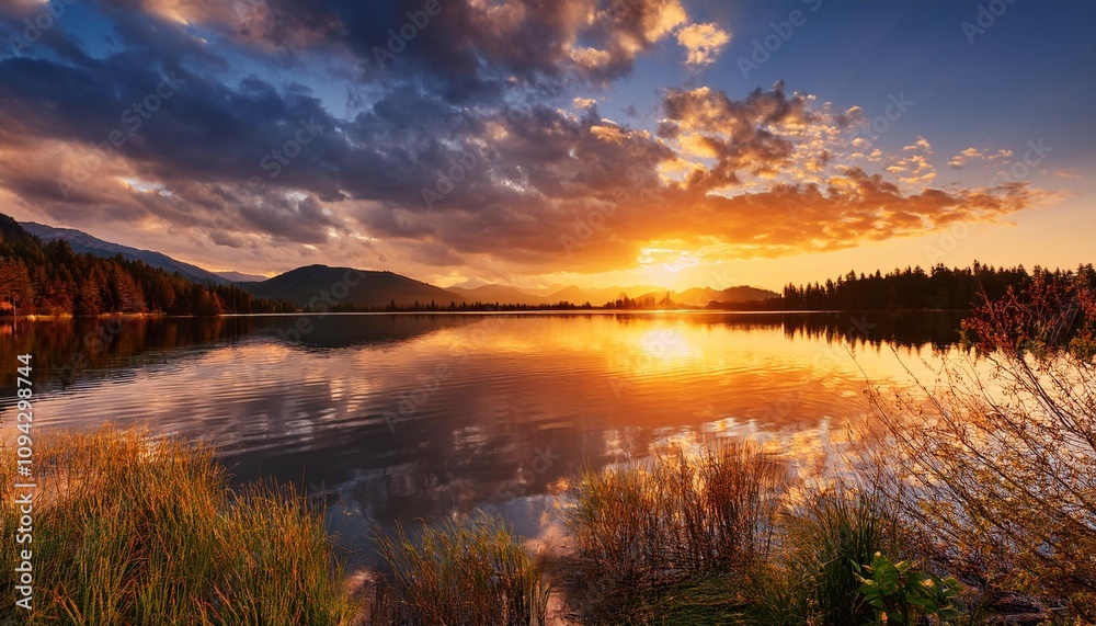 Serene Lake at Sunset with Dramatic Sky and Vibrant Golden Reflections Serene Lake at Sunset with Dramatic Sky and Vibrant Golden Reflections