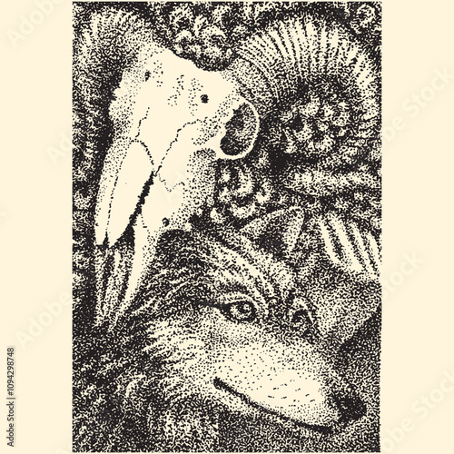 A wolf in sheep's clothing. Illustration with sulfur dots, pointelism. Sheep skull, wolf and fist. Vector illustration