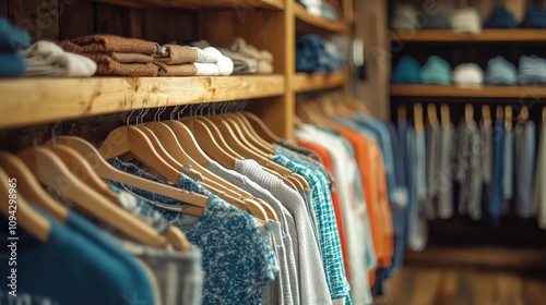 A cozy boutique showcasing a variety of casual clothing on wooden racks, perfect for fashion lovers and shoppers alike. photo