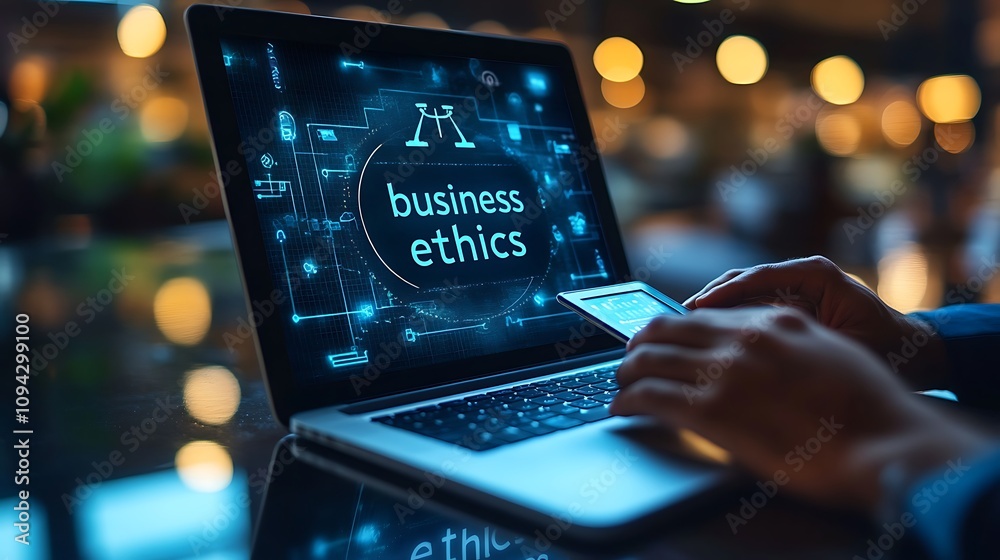 Businessman typing on a laptop with a graphic of ethics on laptop screen Businessman typing on a laptop with a graphic of ethics on laptop screen