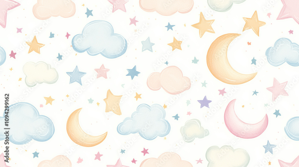 A colorful pattern of clouds and stars with a large crescent moon A colorful pattern of clouds and stars with a large crescent moon