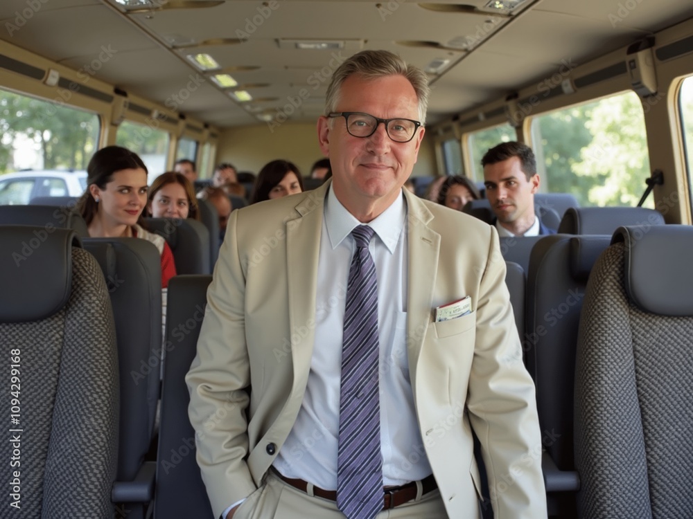 A Man in a Suit Sits Confidently in a Bus Filled With People During a Conference in a Suburban Area A Man in a Suit Sits Confidently in a Bus Filled With People During a Conference in a Suburban Area