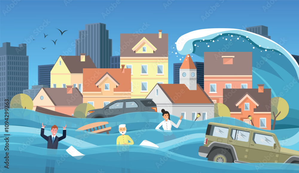 Tsunami in the city. People, cars were in the water and in danger. Global catastrophe, emergency. Tsunami in the city. People, cars were in the water and in danger. Global catastrophe, emergency.