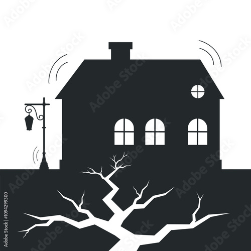 House and street lamp icon during earthquake. Black silhouette. Emergency situation.