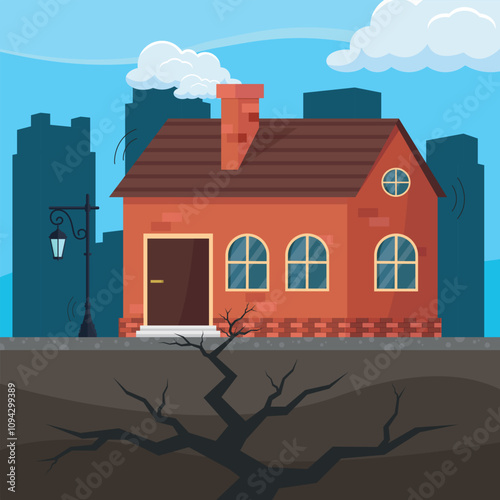An earthquake begins in the city. A house and a street lamp. Natural disaster and emergency.