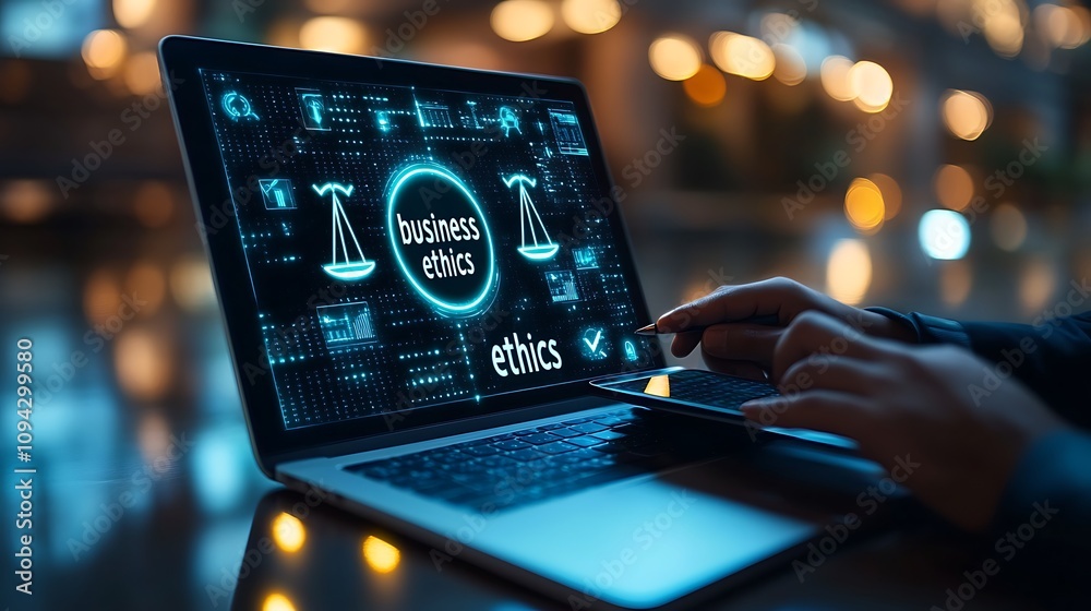 Businessman typing on a laptop with a graphic of ethics on laptop screen Businessman typing on a laptop with a graphic of ethics on laptop screen