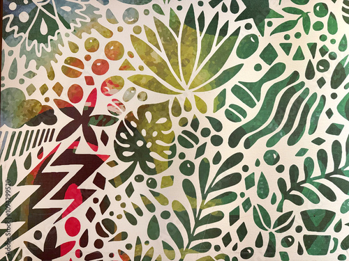Random colorful floral and leaves abstract pattern silhouette superimposed with red, green, and yellow gradient background. Illustration of leaves, coffee beans, peanut, and flower.