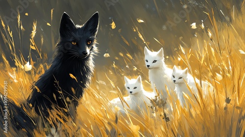 A black fox surrounded by four white kittens in a golden, sunlit meadow, capturing a serene and enchanting moment. photo