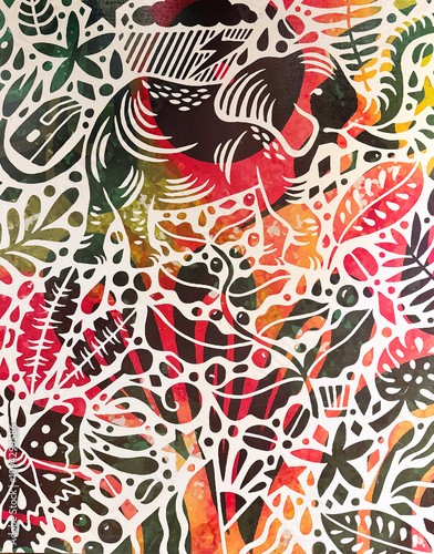 Random colorful floral and leaves abstract pattern silhouette superimposed with red, green, and yellow gradient background. Illustration of leaves, coffee beans, peanut, and flower.