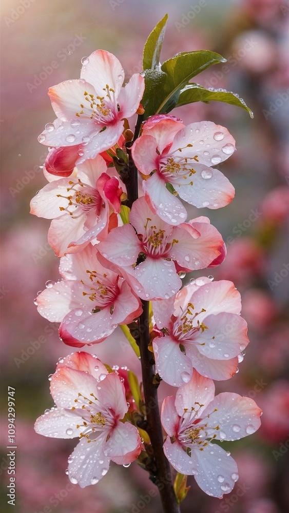 Obraz premium Cherry blossom branch with water droplets, fresh and vibrant spring mood