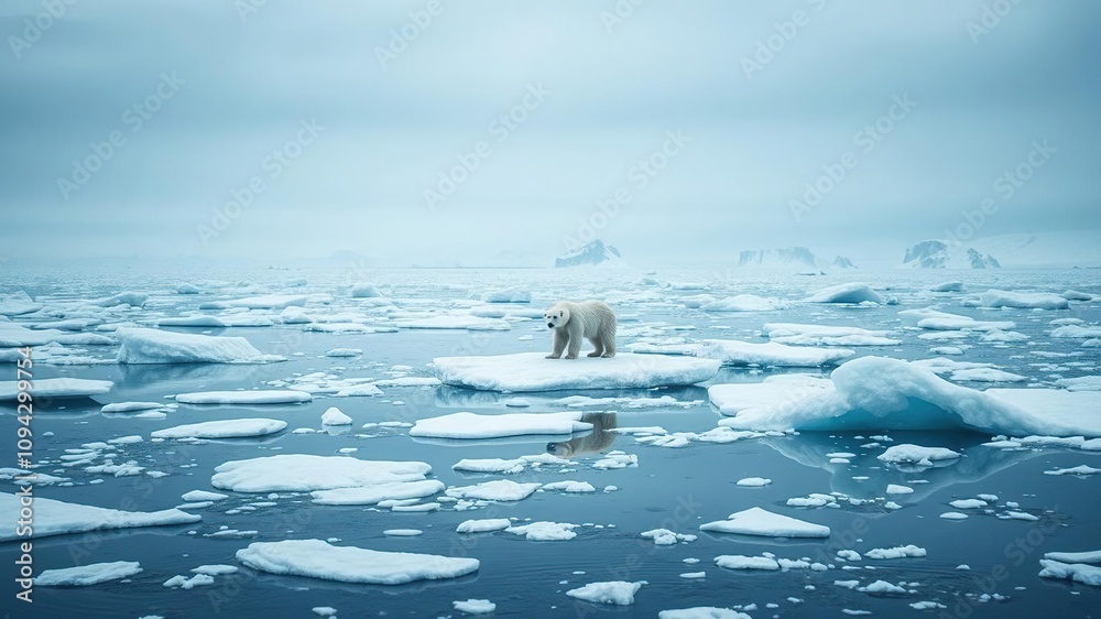 Naklejka premium Majestic Arctic landscape with a polar bear standing on ice floes, animal behavior, polar bear