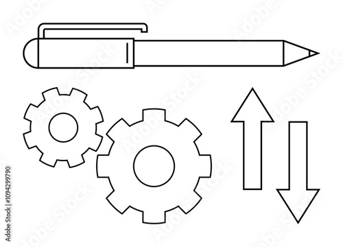 Pen above two interconnected gears with upward and downward arrows representing data transfer and mechanical precision. Ideal for process optimization, workflow management, engineering design