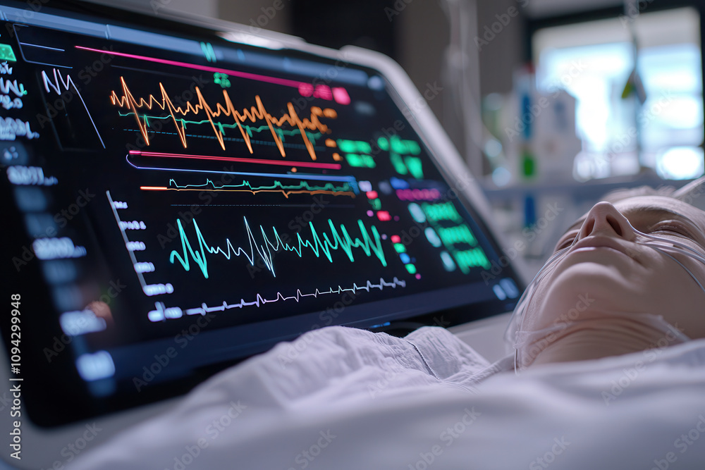 Patient monitoring with advanced technology displaying vital signs Patient monitoring with advanced technology displaying vital signs
