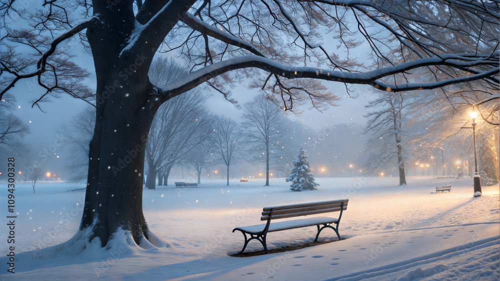 Snowy park scene with a bench under a tree and soft lights during a winter evening
Snowy park scene with a bench under a tree and soft lights during a winter evening