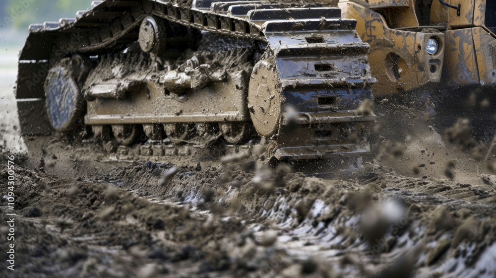 A bulldozer pushing through tough claylike soil its massive tires leaving deep imprints in the ground. A bulldozer pushing through tough claylike soil its massive tires leaving deep imprints in the ground.