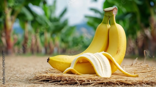 A Peeled Banana on Straw Mat with Rows of Banana Trees in the Distance