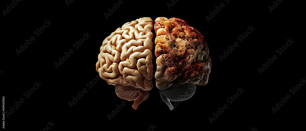 Detailed 3D Render of a Healthy and Diseased Human Brain Comparison Detailed 3D Render of a Healthy and Diseased Human Brain Comparison