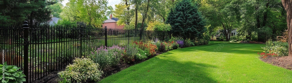 Lush garden landscape residential area greenery wide angle view serenity and nature