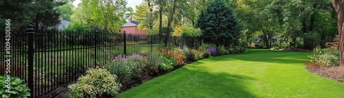 Obraz na płótnie Lush garden landscape residential area greenery wide angle view serenity and nature w salonie