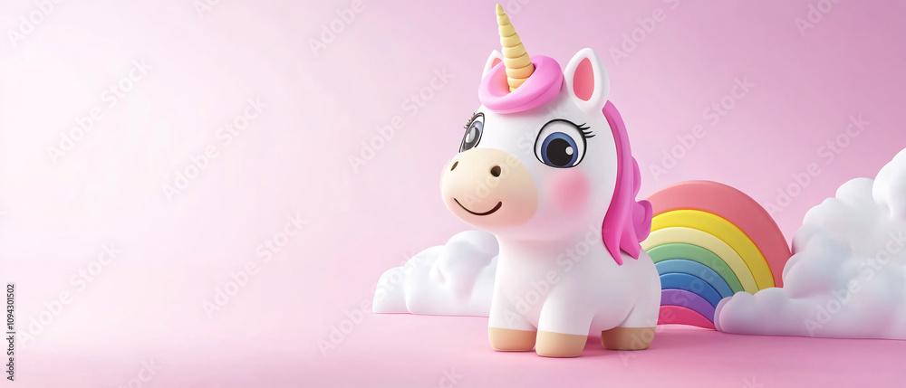 Adorable Cartoon Unicorn with Rainbow and Clouds on Pink Background Adorable Cartoon Unicorn with Rainbow and Clouds on Pink Background