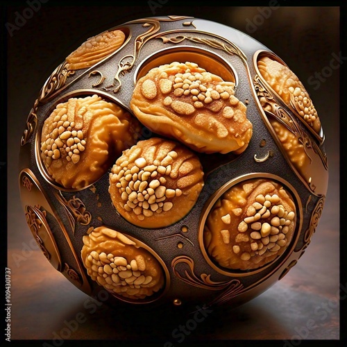 A sphere shaped confectionary with intricate golden details holding caramel like treats with nuts photo