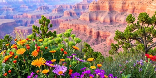Lush greenery and vibrant wildflowers in the foreground with a grand canyon panoramic view behind, national park landscapes, summer flowers