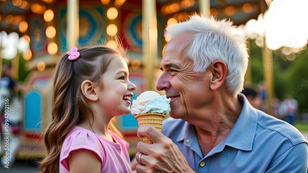 Joyful interaction between a grandfather and his granddaughter as they share ice cream at a fairground. Joyful interaction between a grandfather and his granddaughter as they share ice cream at a fairground.