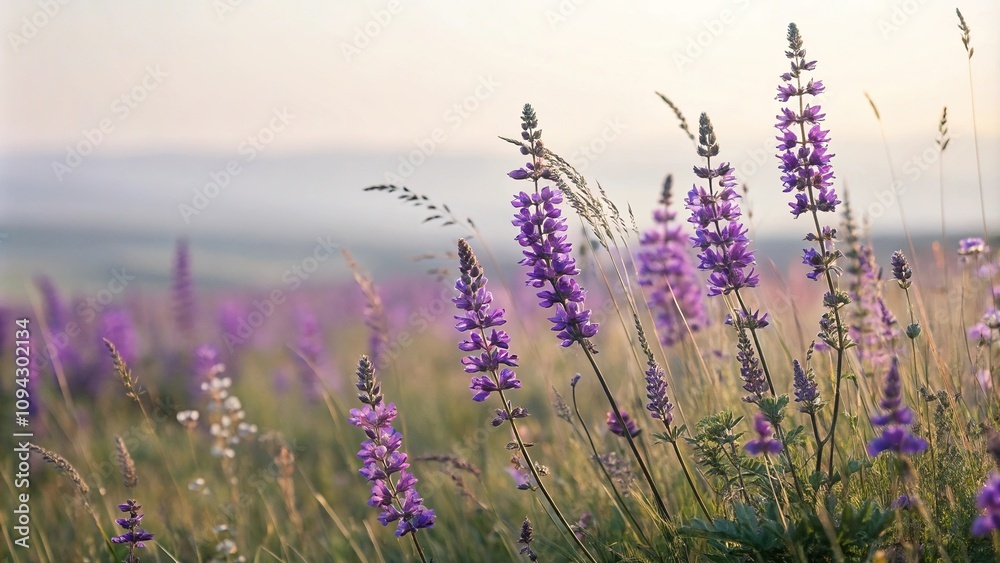 Naklejka premium Soft focus image of a field of purple wildflowers swaying gently in the breeze, peaceful scenes, serene landscapes, landscape photography