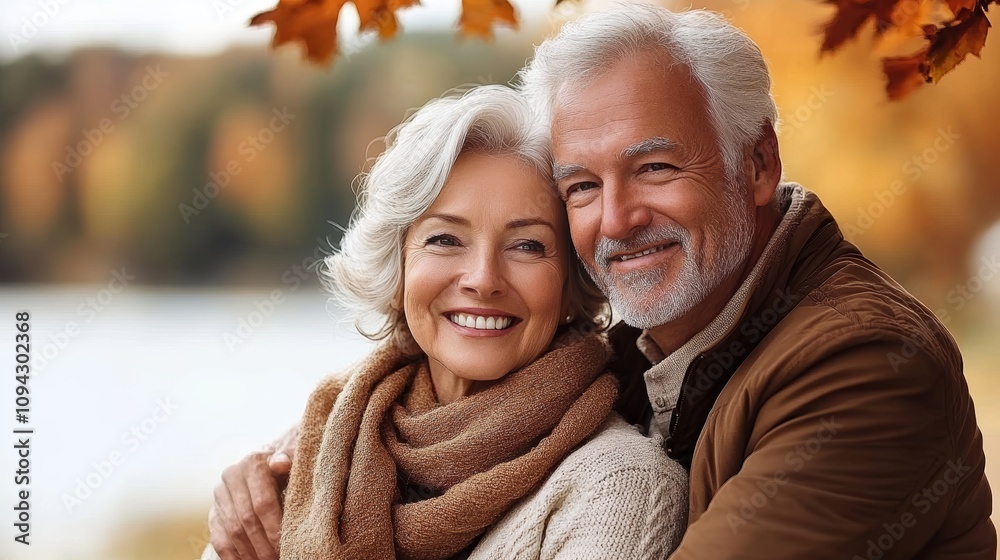 Joyful smiling elderly couple embracing in autumn nature Joyful smiling elderly couple embracing in autumn nature