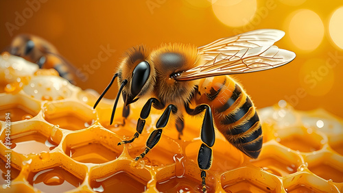 Extreme close-up of a honey bee on a dripping honeycomb against a vibrant yellow-orange background photo