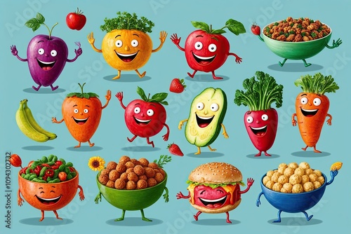 Vibrant Illustrations of Joyful Quirky Food Characters in a Fun Ensemble