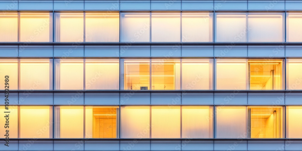 A modern building facade with illuminated windows at dusk.