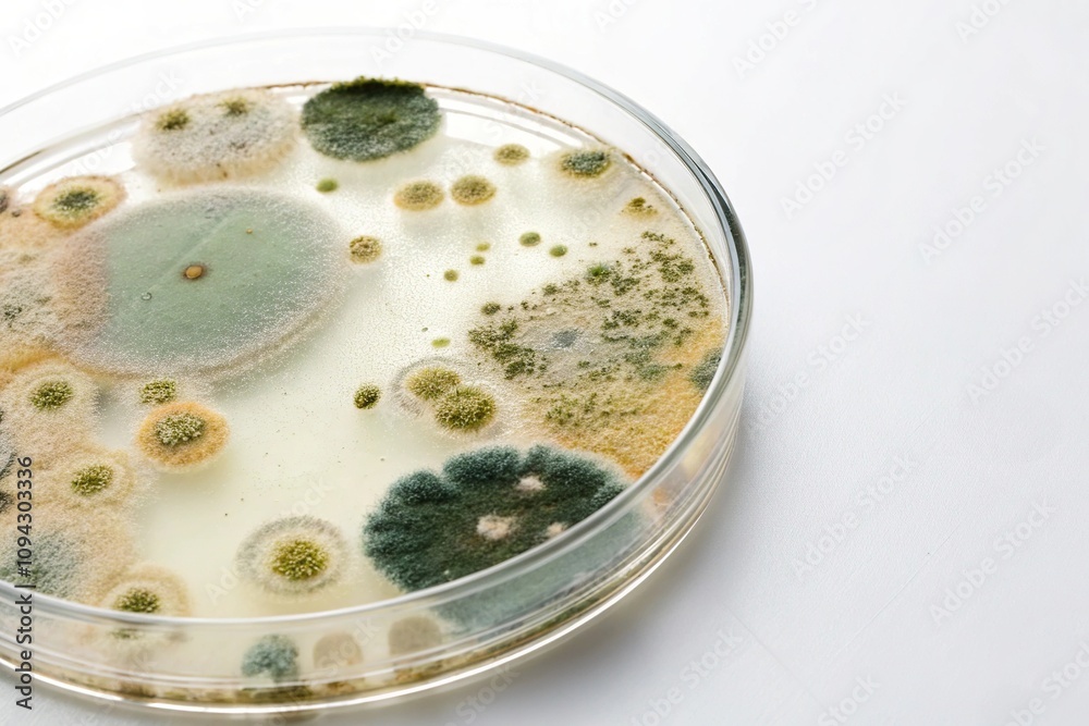 Petri dish segment showing mold growth on a white background, science, experiment, bacteria Petri dish segment showing mold growth on a white background, science, experiment, bacteria