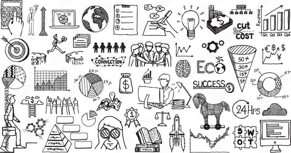 Fototapeta premium Hand drawn business plan sketch doodle icons on transparent background. Vector illustration.