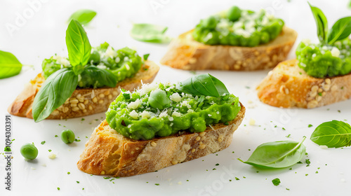 pea puree mint and parmesan on crostini snack with white shades, minimalism, png