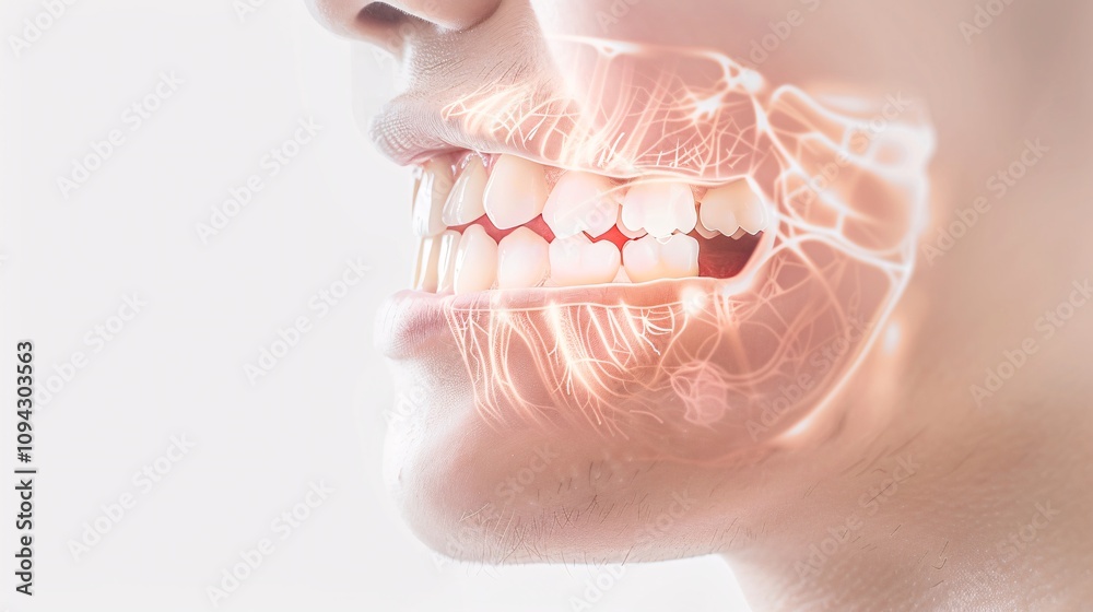 Fototapeta premium 2409_005.Highlighted oral cavity with energy patterns representing dental abscess, medical illustration style, high contrast, clean background, with faint side profile of a child as backdrop, PNG
