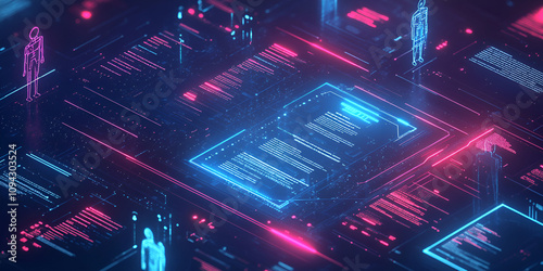 Digital Transformation: Abstract futuristic concept showing data flow and digital human figures interacting with a glowing document on a complex circuit board. Neon blue and pink color scheme.