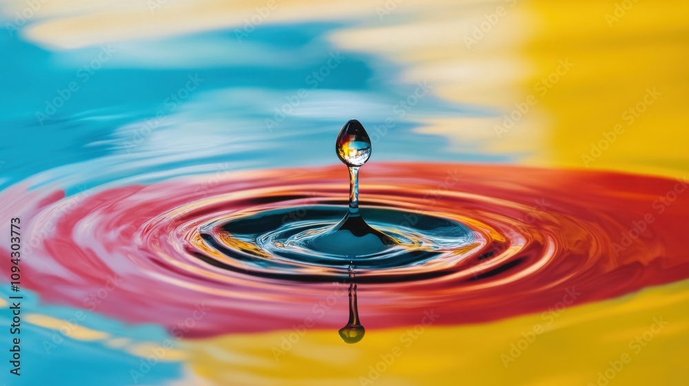 A single droplet of water creating ripples in a pool of different colored liquid, depicting the ripple effect of inclusive actions, minimalist composition