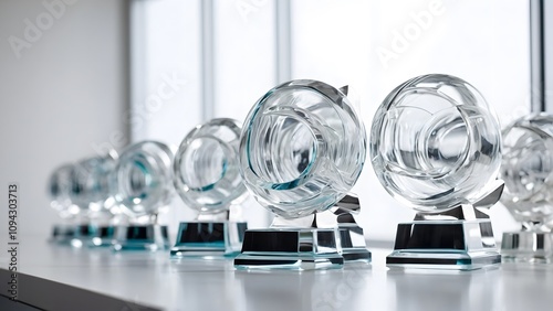 Crystal Trophies Lined up on a Display Shelf in a Modern Office Setting During the Day