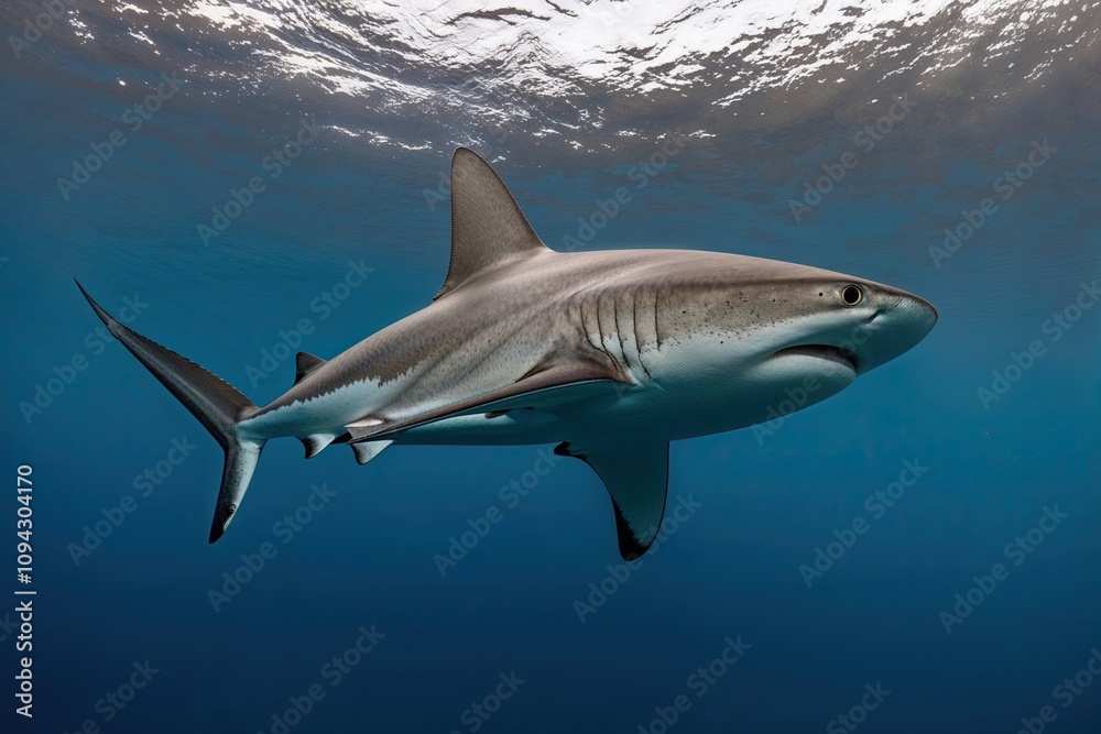 Fototapeta premium Lonely Hammerhead Shark Gliding Through Open Water